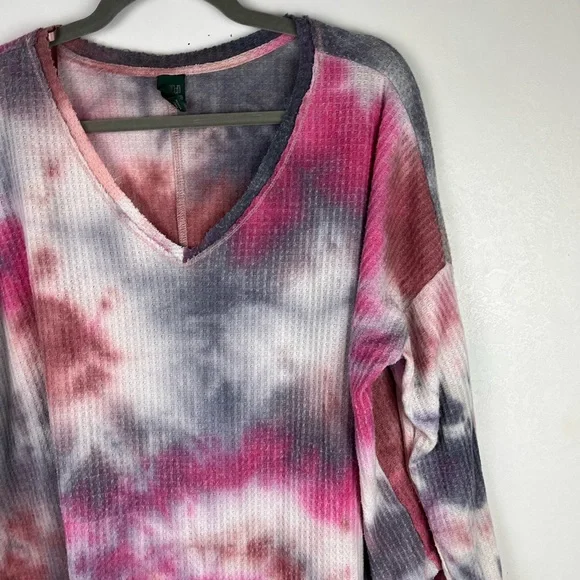 Wild Fable Tie Dye Waffle Knit Thermal Top Long Sleeve Oversized V-neck Large - Picture 3 of 10